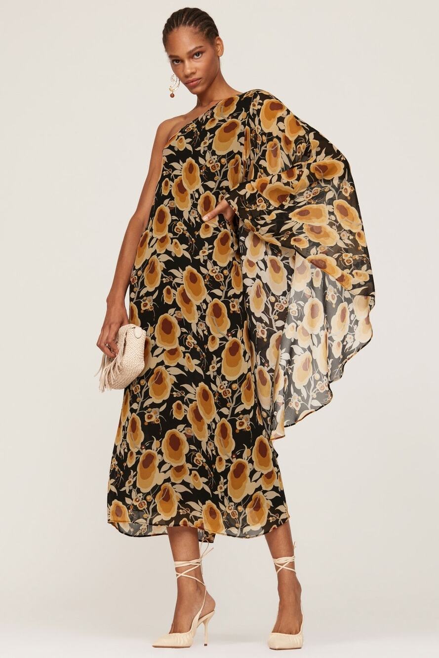 Rixo Liza Black Floral One Shoulder Chiffon Shift Boho Midi Dress Size 6